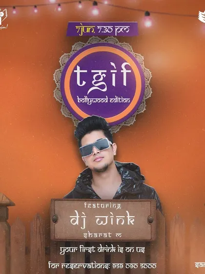This poster for my TGIF Bollywood Edition launch at Big Pitcher Sarjapur highlights my role in starting new, successful event nights.