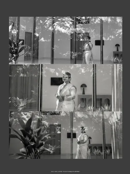 An artistic series of portraits of the bride seen through a glass window. The reflections and black and white tones create a moody and beautiful effect.