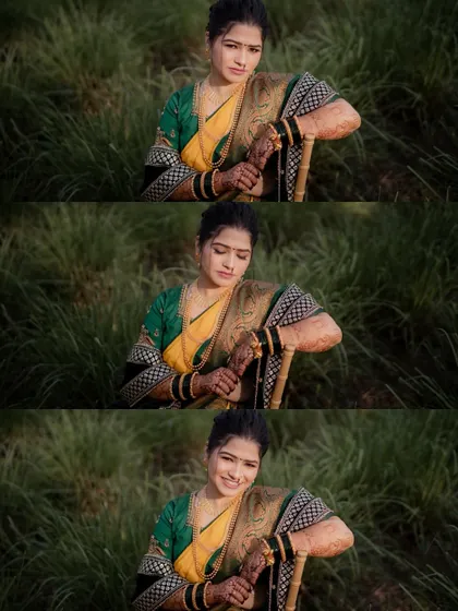 A collage of the bride posing with a chair in a field, showing her playful and confident side.