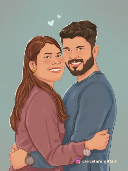 A warm and intimate couple portrait in a more stylized, illustrative look. This is less of a caricature and more of a romantic illustration, perfect for celebrating a new marriage.
