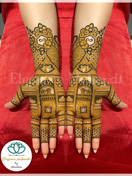 An elegant Indian design with infinity symbols, swans, and swastikas, combining modern and traditional elements.