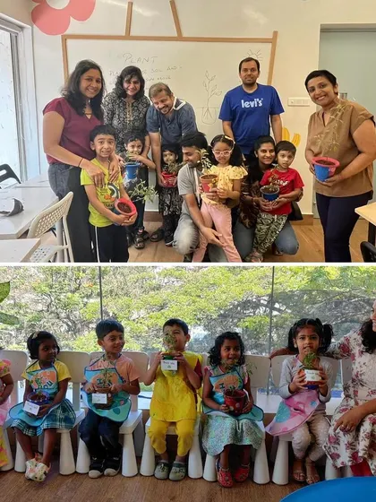 Group photos from our gardening workshop. These pictures capture the sense of community and shared accomplishment among the children, parents, and teachers.