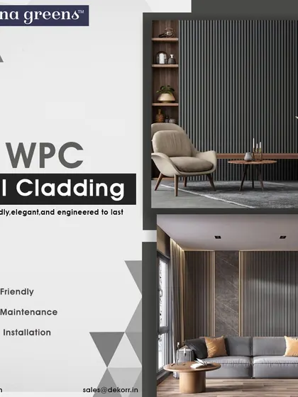 Our WPC wall cladding is versatile enough for any room. This collage shows how our panels can be used to create a sophisticated accent wall in a living room or a cozy, modern feel in a sitting area.
