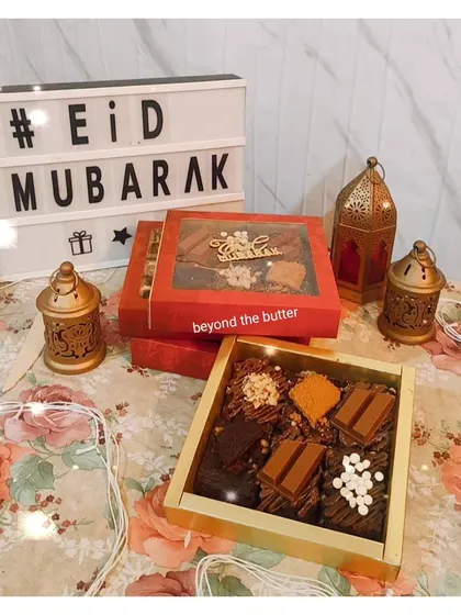 My assorted brownie box for Eid, featuring different toppings like KitKat, white chocolate chips, and nuts.