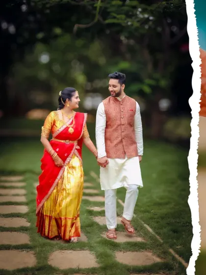 This collage captures a couple's walk through a garden, focusing on their connection. The torn-paper edit adds a touch of vintage charm to their love story.