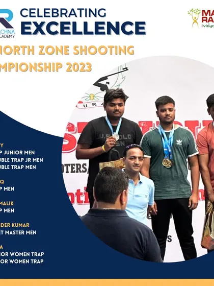 The podium for the Trap Men event at the North Zone Shooting Championship, with our shooters Tanishq and Sumit Malik winning Gold and Bronze respectively.
