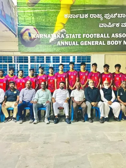 Our U17 boys, Rakshit and Advik, pictured with the Karnataka U20 Men's team officials after being selected for the Swami Vivekananda U20 National Football Championship.