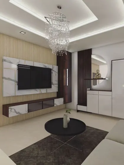 This 3D render shows a living room design featuring a fluted wood panel wall behind a marble-faced TV unit. This visualizes how different textures can be combined for a modern look.