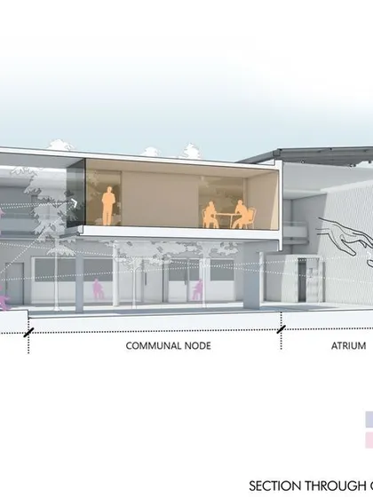 A sectional drawing through the communal node of the Karunashraya extension. It shows the relationship between the amphitheater, classrooms, atrium, and auditorium, all designed as interconnected, multi-functional spaces.