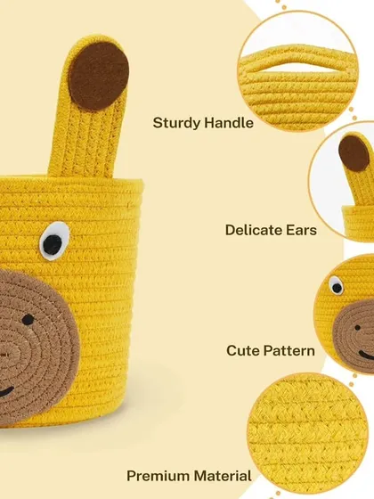 This image highlights the premium material, sturdy handle, and cute pattern of our yellow cow rope basket, showing the quality in every detail.