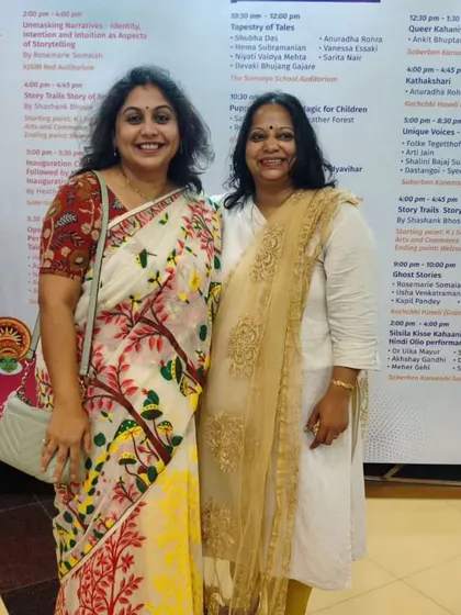 Posing with another amazing storyteller in front of the event schedule at a festival. Every performance I watch is a learning experience, a chance to soak it all in and learn from the best in the field.