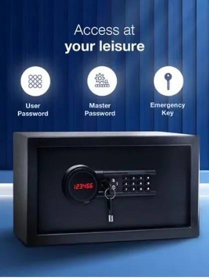 A marketing graphic for the Tusker NXT safe, detailing its three access modes: user password, master password, and emergency key.