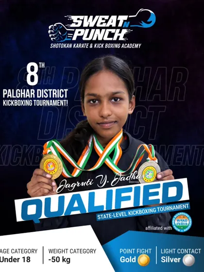 Jagruti Y. Jadhav from the Under 18 category with her hard earned gold and silver medals. Her versatility in different kickboxing formats is a key part of our training focus.