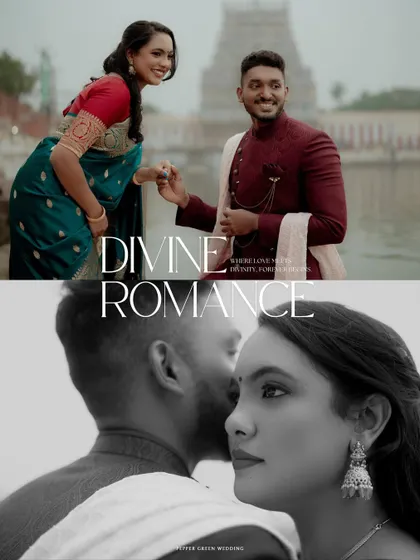 A collage showcasing the divine romance of Krithikah and Sembian's pre-wedding shoot at a Thanjavur temple. The blend of grand architecture and intimate moments creates a powerful story.