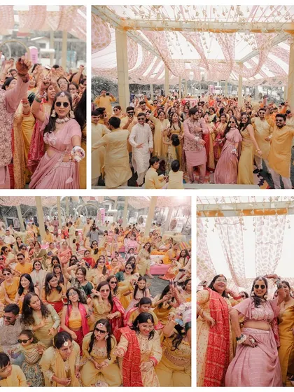 This collage is filled with the high-energy dance moments from a Haldi party. We capture the couple and their guests enjoying the music and celebrating together under a colorful pandal.