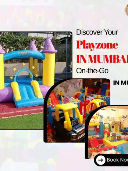 Discover your playzone on-the-go in Mumbai. This collage highlights a purple and yellow bouncy castle, a close-up of ride-on toys, and a larger indoor setup, showing the variety of my inventory.