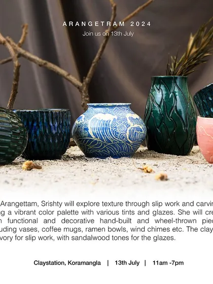 Srishty, a Japanese language expert, explores texture through slip work and carvings in her Arangetram collection. Using a vibrant color palette, she creates functional and decorative hand-built and wheel-thrown pieces, including vases, mugs, and ramen bowls.