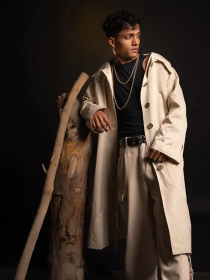 A full-length shot with a trench coat, blending classic fashion with my urban style.