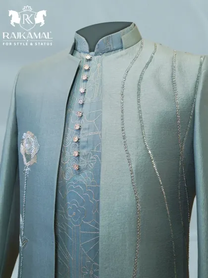 A close-up of the layered construction and button placket of the pastel green Indo-Western outfit.