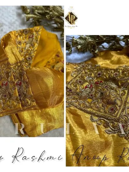 A closer view of the mustard yellow blouse, showing the detailed zardosi and kundan work on the back. This kind of work is inspired by traditional temple jewelry designs.