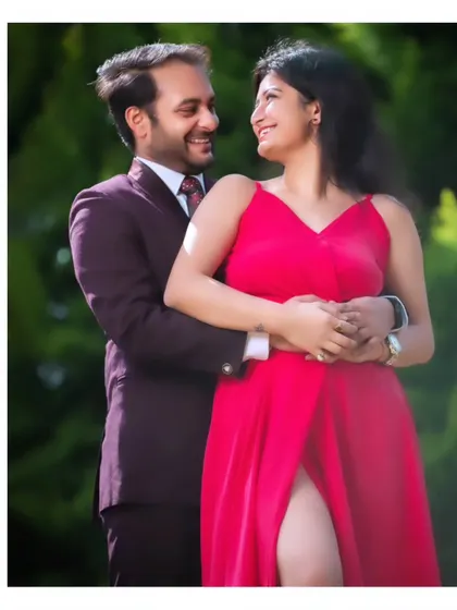 A full-length portrait of a couple sharing a happy moment. The vibrant red dress stands out beautifully against the green foliage, creating a classic and romantic pre-wedding image.