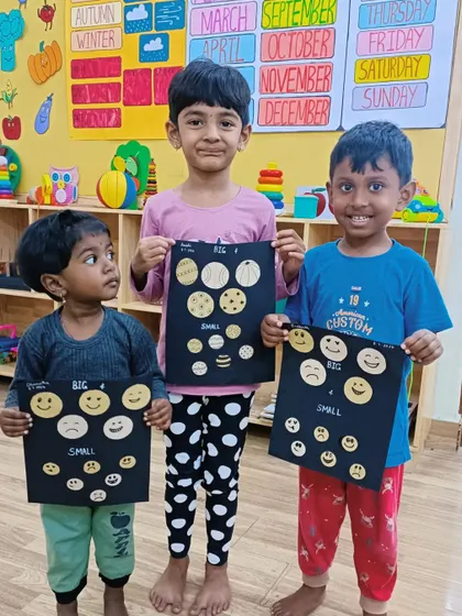 An activity about 'big' and 'small'. The children sorted and pasted different sized circles, learning about size comparison in a hands-on way.