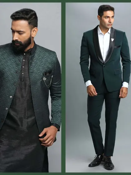 Deeper shades of green, including a dark green tuxedo and an ombre Indo-Western jacket. Perfect for evening events.