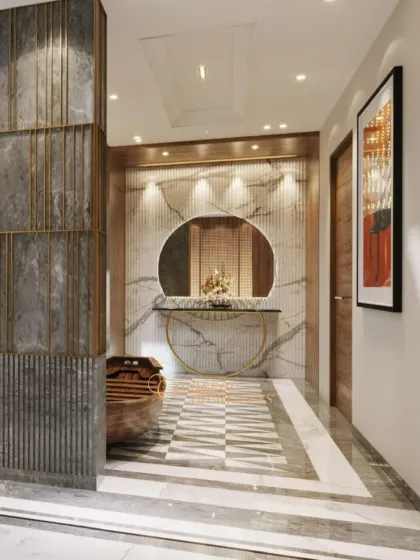 The hallway leading from the atrium features a stunning marble-clad wall with a circular mirror and console table, creating an elegant focal point.