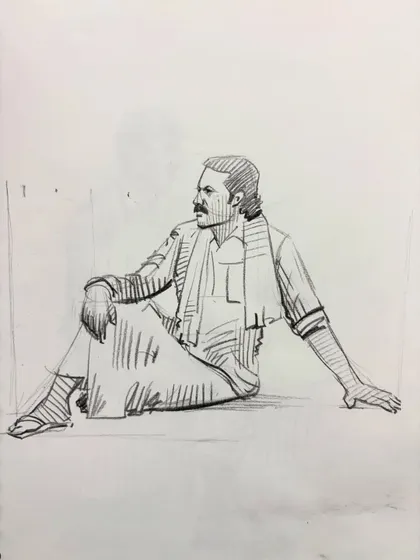 A sketch of a man sitting on the ground, a study in relaxed posture.