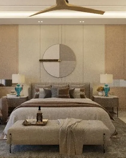 This bedroom design concept balances symmetry and texture. The wall behind the bed features textured panels and a central piece of art, flanked by matching bedside tables and lamps for a harmonious look.