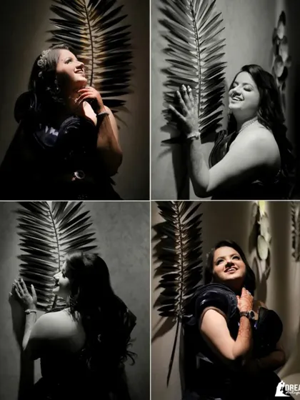 A four-panel collage of bride Samridhi posing with a decorative palm leaf, playing with light and shadow.