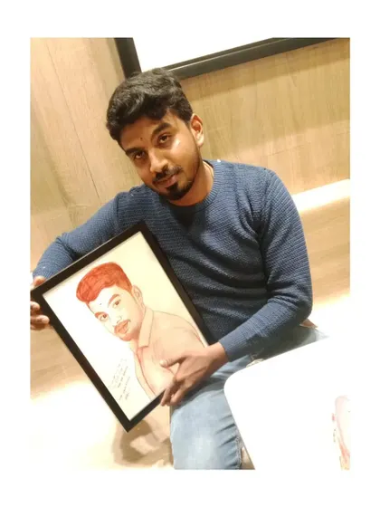 Another shot of a satisfied client with his custom blood painting. I ensure every piece is framed and ready to be displayed.