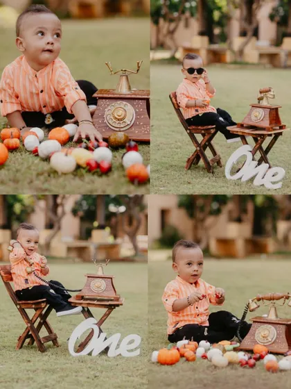 A collage showcasing various poses from a first birthday shoot, featuring an orange striped shirt and a vintage telephone prop.