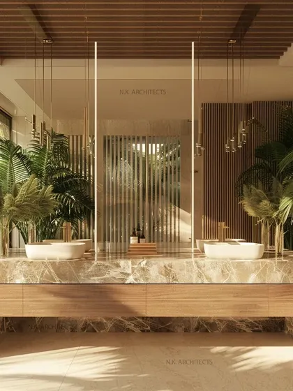 A different angle of the tropical-inspired bathroom, highlighting the beautiful veining in the marble vanity and the warm wooden ceiling. The combination of natural materials creates a truly enriching and luxurious lifestyle design.