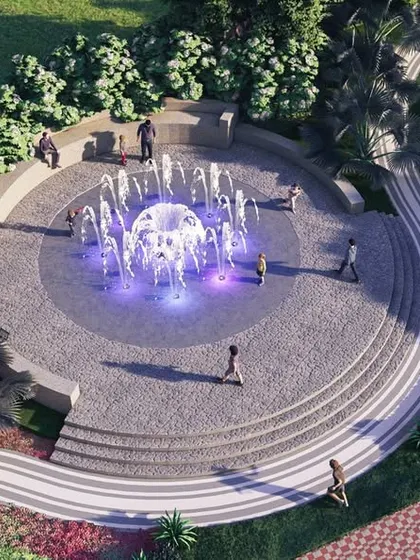 This design for 'The Sanctuary' features a circular plaza with an interactive water fountain, creating a playful and refreshing focal point for the community.