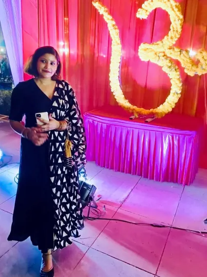 Another look from the Dussehra celebrations. The black dress serves as a canvas for the eye-catching black and white dupatta, a great example of how a single accessory can define an outfit.