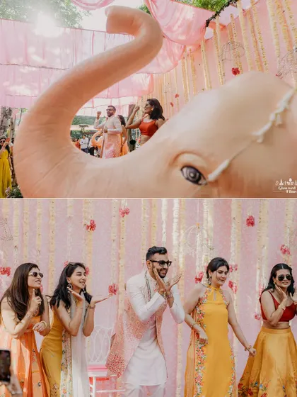 Fun and games at the Haldi, with guests dancing and a unique elephant prop adding a quirky element to the decor.