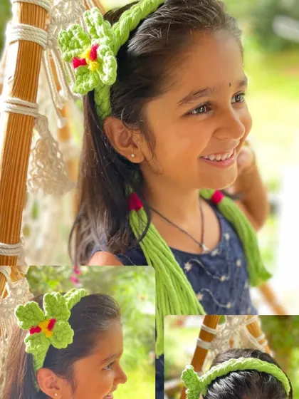 A bright and cheerful green flowery bandana. These handmade hair accessories are a great way to style a simple hairdo and add a pop of color. They are flexible and easy to adjust.