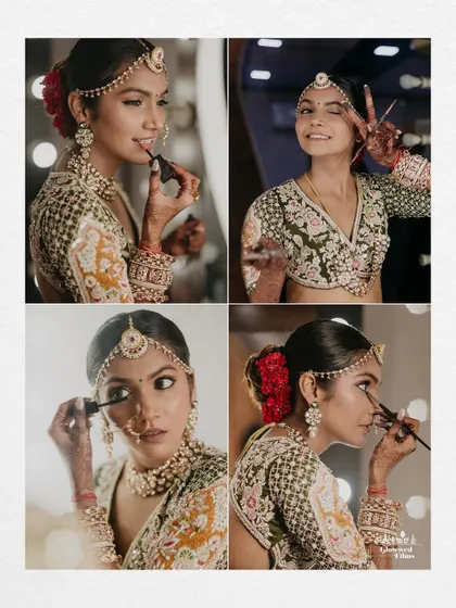 A collage of the bride, Meetali, doing her own makeup, showing her fun personality and skill.