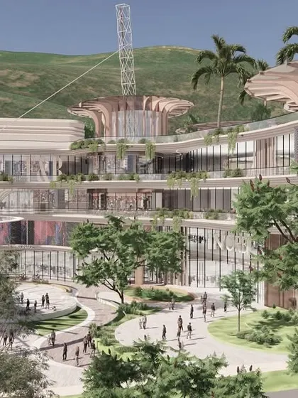 This rendering showcases the multi-level retail and cinema complex at Inorbit Vizag, set against a backdrop of hills. The design creates a shared ground where architecture holds space without complete enclosure, fostering a connection to the surrounding environment.