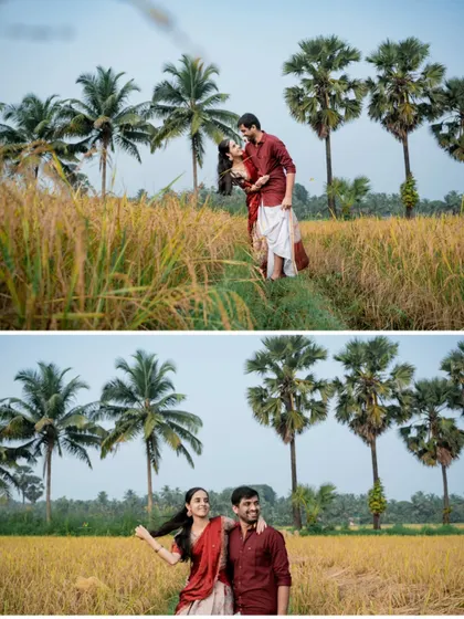 A couple shares a happy, candid moment surrounded by palm trees and a golden field during their Udupi pre-wedding shoot.