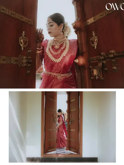A collage showing the bride's dramatic pose in a doorway, creating a cinematic feel.