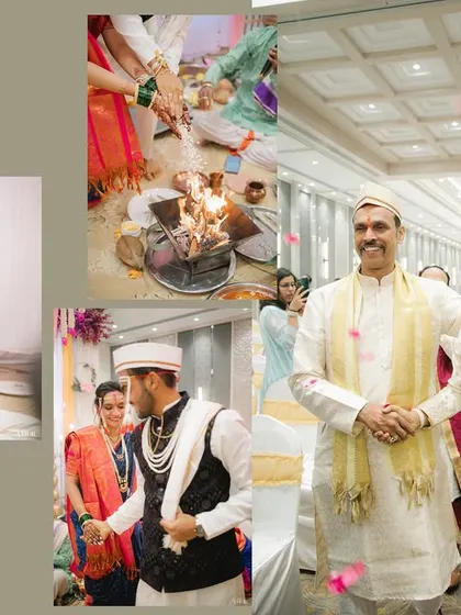 A series of images showing the flow of a Maharashtrian wedding, from the groom's entrance to the sacred fire ritual. It provides a documentary-style glimpse into the day's events.