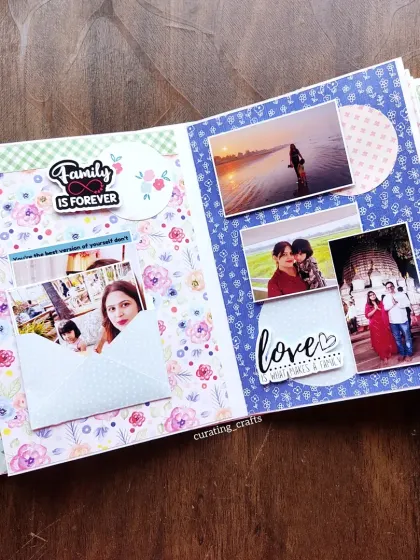 A "Family is Forever" page, combining family photos with an envelope for a personal thank you note.
