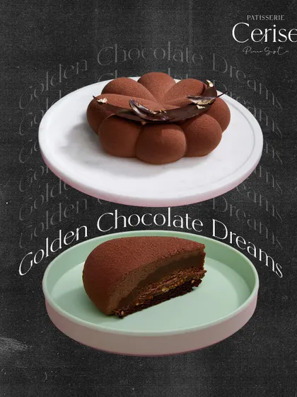 This image shows my Golden Chocolate Dreams entremet, both whole and in a cross section. You can see the silken richness, a delicate crisp layer, and the deepest notes of cocoa.