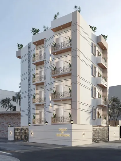 A render of a residential building, "Honest Homes," showcasing a clean, minimalist facade with traditional wrought-iron balcony railings. This design blends modern simplicity with classic Indian details.