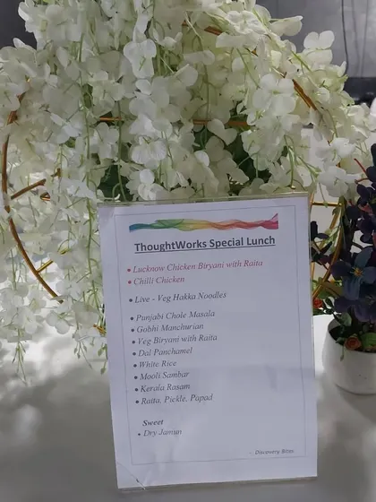 Here is an example of a special lunch menu I created for ThoughtWorks. It includes a wide variety of options, from Lucknowi Chicken Biryani to Punjabi Chole Masala and Kerala Rasam, showcasing my ability to cater to diverse culinary preferences.