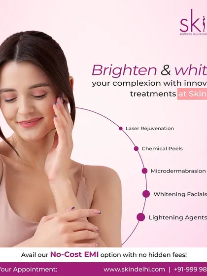 An overview of my innovative treatments to brighten and whiten the complexion. The graphic lists Laser Rejuvenation, Chemical Peels, Microdermabrasion, and Whitening Facials as available options.