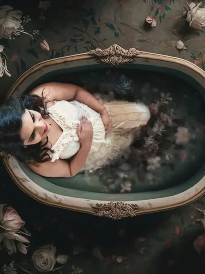 A beautifully edited version of the floral bath session, with a painterly quality. This shows how we can enhance the artistic feel of your photos in post-production.
