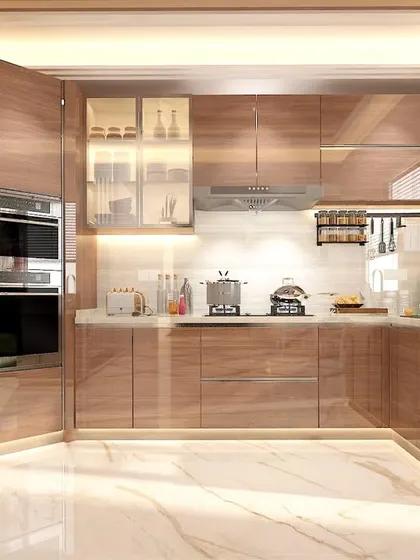 Another view of the royal kitchen, highlighting the ample counter space and the beautiful marble flooring that complements the warm wooden tones of the cabinetry.